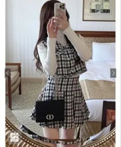 GRL ツイードチェックベスト×プリーツスカートセットアップ Mサイズ グレイル