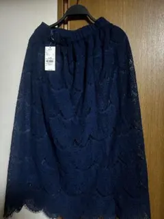 earthネイビー フレアスカート レースFサイズ