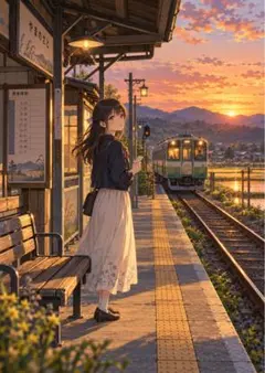 【イラスト】夕暮れの駅と少女 アートポスター