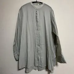 レディース　シャツ　シアー　緑　グレー　グリーン　系　長袖　ノーカラー　ボタン