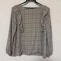 ハニーズ　ブラウス　チェック　フリル　ベージュ　M