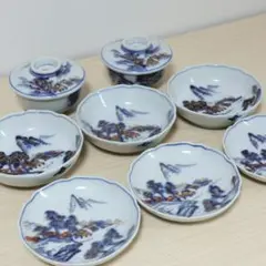 【蔵出し・欠けあり】 九谷焼 染付金彩 山水画 器 8点（金継ぎ・修復用）​​