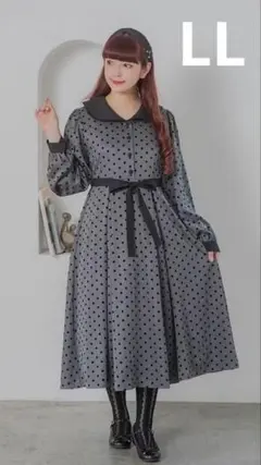 【SALE】しまむら/青木美沙子/ドットフロッキーワンピース/ダークグレー/LL