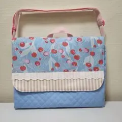 図書袋ショルダー　通園バッグショルダー　北欧さくらんぼブルー