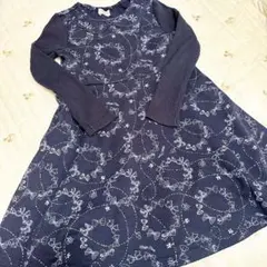 メゾピアノ　リボン柄長袖ワンピース ネイビー