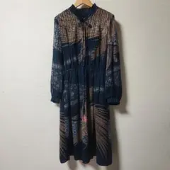 鳥柄(鳳凰)ヴィンテージ長袖ワンピース古着ストライプ裏地付き