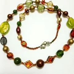 秋カラー　ロングネックレス　ハンドメイド　70cm