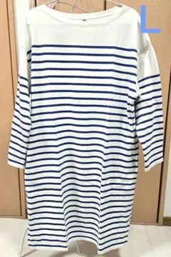 ユニクロ　ボーダーボートネックワンピース　Ｌ　ブルー