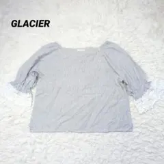 GLACIER シャツ ストライプ 袖花柄レース カットワーク ワイドネック