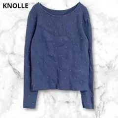 リブ編みニット　ブルー　長袖セーター　薄手　ビーズ装飾　M おしゃれ