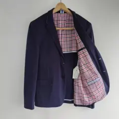 【訳あり】　ZARAMAN　テーラードジャケット 紺 チェック柄　背抜き　Ｌ位のサムネイル