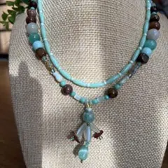 天然石ビーズネックレス ターコイズブルー ブラウン マルチカラー