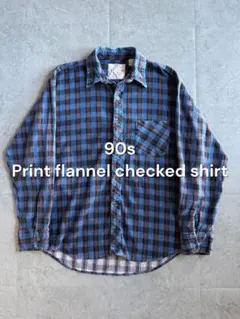 90s プリントネルチェックシャツ ブルー L 好配色