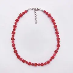 赤　お花　ビーズ　ネックレス