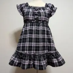 【トゥララ】黒とピンクのチェック柄リボン付きワンピース フリーサイズ