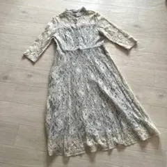 Lサイズ 総レースワンピース ブルーグレー×ベージュ 刺繍 フォーマル