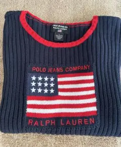 美品 RALPH LAUREN ポロジーンズ 星条旗 L ネイビー 半袖 ニット