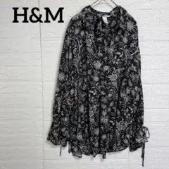 H&M 花柄ボタニカル柄 Vネックシャツ ブラウス 黒 L 大きいサイズ
