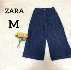 【ザラ】デニムワイドパンツ　M　ブルー　　カジュアル　ステッチ　ゆったり
