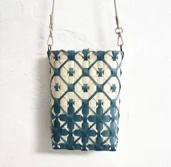 PPバンドバック、プラカゴ、ショルダーバック、かごバッグ　ベージュ×青緑