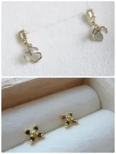 【未使用/ピアスセット】オニキス/フラワーモチーフ