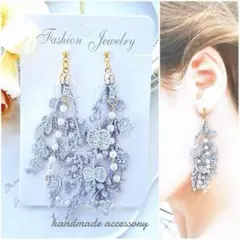 NO.598 再再再販☆レースタッセル×チェーンパールピアス/イヤリング/グレー