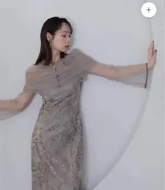 LEJA チュールオフショルダー花柄Iラインドレス グレー　S