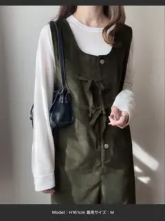 リボンデザインコーデュロイサロペット