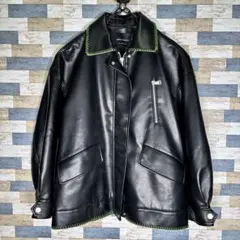 【 VEGA CHANG 】ブラックレザーオーバーサイズジャケット ステッチ