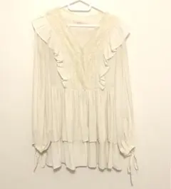 NICECLAUP アイボリー フリル レース 長袖ブラウス フリーサイズ