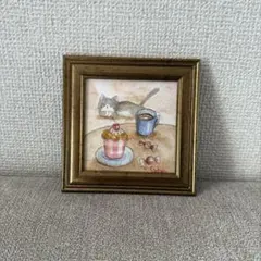 超可愛い猫の絵（12㎝×12㎝）水彩画　フレーム入り