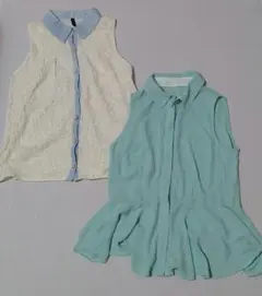 ティックミックスのブラウス2点セット ノースリーブ 襟つき デニム レース