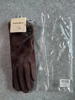 スマホ、タッチパネル対応婦人手袋、 ブラウン ボタン付き