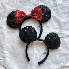 ディズニー　ミッキー　ミニー　スパンコール　カチューシャ　リボン　2点セット