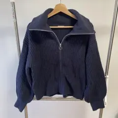 GU ネイビー ジップアップ リブ編みセーター Mサイズ