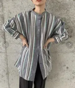 selectmocabyson リネンマルチストライプオーバーシャツ ネイビーのサムネイル