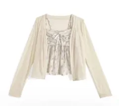 【美品】花柄キャミソール×シアーカーディガンアンサンブル(ks112)イエロー