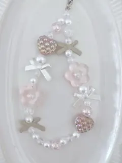 【愛され】ピンクのハート×ブラウンぷっくりハート〰︎︎ビーズストラップ C306