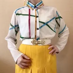 希少 ヴィンテージ 昭和レトロ テープ柄メッシュブラウス ストレッチ 白 一点物のサムネイル