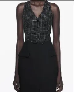 新品ZARA ツイード切り替えミディ丈ワンピース XSサイズ 黒