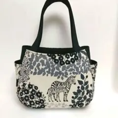 チューリップバッグ　動物　オフ×ブラック　サイドポケット付