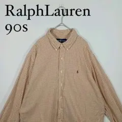 90s Ralph Lauren 長袖ボタンダウンシャツ　チェック胸刺繍ロゴ