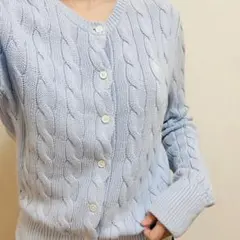 美品 ポロラルフローレン ケーブルニットカーディガン サックスブルー Mコットン