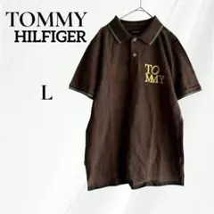 ☆トミーヒルフィルガー ポロシャツ 半袖 ブラウン L ロゴ刺繍 バックプリント