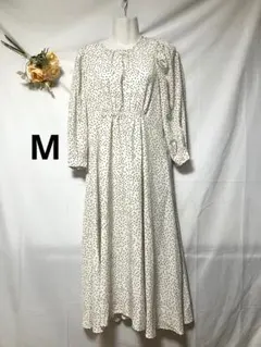 クチュールブローチ　ロングワンピース　ウエストギャザー　ドット　長袖　M