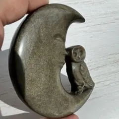 天然石　月とフクロウ　ゴールドオブシディアン