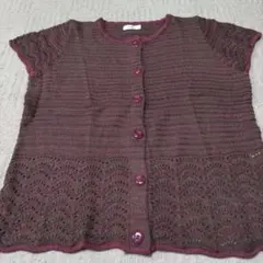 バーガンディ 半袖ニットカーディガン