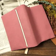 【文庫本サイズ】ブックカバー　帆布　オールドローズ(ラインデザイン　ヌメ革)