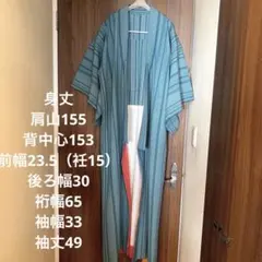 極美品✴︎ ポリエステル洗える着物　小紋　胴抜き仕立て　縦縞　グリーン×オレンジ