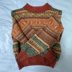 ニット　古着　オレンジ　総柄　ビンテージ　レトロ